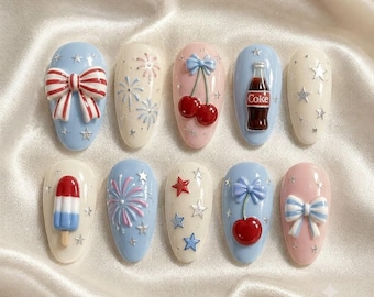 Summer Press on Nails, Patriotic 4th of July Fake Nails, Cute Cherry Coke Nail Art, Acrylic Nails, 3D Bow Coffin Nails YRD-B4S51N