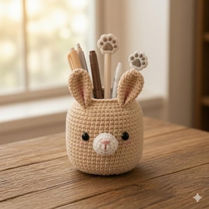 May include: A crocheted bunny pen holder in tan with pink inner ears, black eyes, and a white nose. The pen holder is filled with pens and pencils, and two paw print toppers. The pen holder sits on a wooden table.