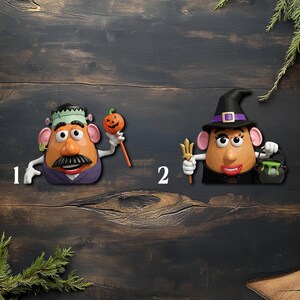 May include: Two Halloween-themed potato head figures. One is dressed as Frankenstein, holding a pumpkin lollipop. The other is a witch, holding a trident and a cauldron of green liquid. Both have orange skin and are set against a dark wood background.