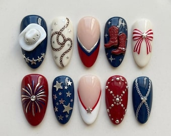 Custom Western Cowboy Press on Nails, Patriotic 4th of July Fake Nail, Red White Blue Cowgirl Gel Nails, Cute Summer False Nails Y-02062605N