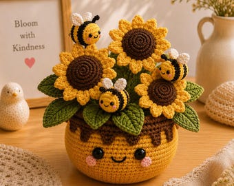 Crochet Sunflower Bouquet with Cute Bees, Knitted Bee Hive Pot, Amigurumi Plant, Handmade Desk Decor, Unique Gift for Her RRD-4WL12