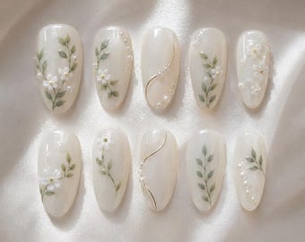 Elegant White Floral Press On Nails, Pearl Botanical Fake Nails, Minimalist Wedding Nail Art, Hand Painted Leaf Design Nail Box YRD-B4S37N