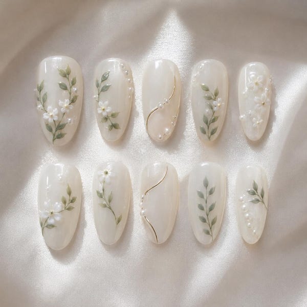 Elegant White Floral Press On Nails, Pearl Botanical Fake Nails, Minimalist Wedding Nail Art, Hand Painted Leaf Design Nail Box YRD-B4S37N