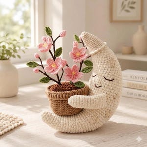 May include: A crocheted moon-shaped decorative item with a smiling face, holding a small brown pot with pink flowers and green leaves. The moon is off-white, and the flowers have a delicate appearance. The item is placed on a light-colored surface.