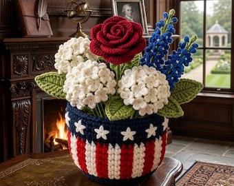 Multiple Handmade Patriotic Crochet Flower Pot, Red White and Blue Floral Amigurumi, 4th of July Independence Day Decor R-13052602