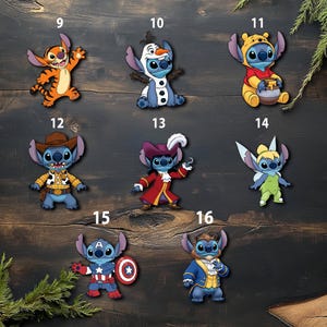 May include: A collection of colorful character-themed figurines, including Stitch dressed as Tigger, Olaf, Winnie the Pooh, a cowboy, Captain Hook, Tinkerbell, Captain America, and Beast. Each figurine is detailed and stands out against a dark wood background.