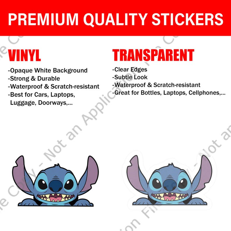 May include: Two stickers featuring a blue cartoon character with large ears and a wide grin. The stickers are available in vinyl with an opaque white background or transparent with clear edges. The text at the top reads "PREMIUM QUALITY STICKERS."