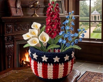 Multiple Handmade Patriotic Crochet Flower Pot, Red White and Blue Floral Amigurumi, 4th of July Independence Day Decor R-13052602