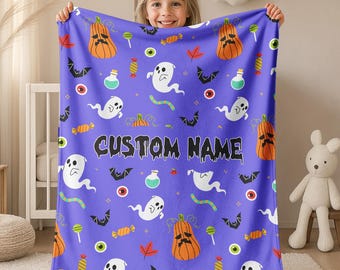 Custom Name Halloween Ghost Blanket, Halloween Gift Baby Kids Teen,Spooky Decor,Back To School Gift,Toddler Blanket, Baby Shower Gift BZI305