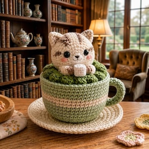 Crochet Cat in Matcha Teacup, Cute Amigurumi Tabby Kitten with Marshmallow, Cozy Tea Lover Desk Decor, Whimsical Birthday Gift R-23052655