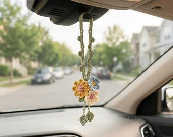 Crochet Car Hanging Accessories, Rear View Mirror Charm, Aesthetic Flower Car Decor, Cute Crochet Car Gift, Handmade Boho Charm Y-14052604C