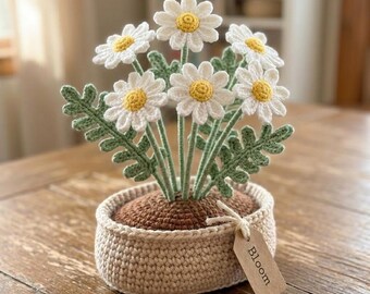 Crochet Daisy Flower Pot Amigurumi Style, Handmade Yarn Plant Decor, Cute Desk Decor Gift, Minimalist Crochet Home Decoration G4J436