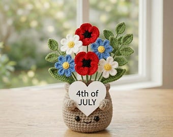 Patriotic Crochet Flower Pot Custom 4th of July Gift American Flag Decor USA Land of Free Smiley Amigurumi Desk Decor Plants Y-09052612C