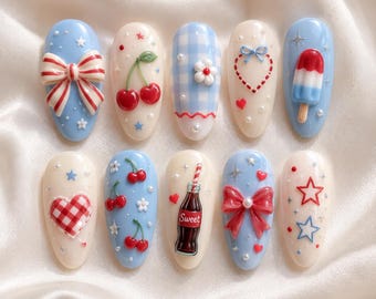 Summer Picnic Press on Nails, Cute Cherry Soda Fake Nails, Gingham Heart Nail Art, 3D Bow Popsicle Nails, Aesthetic Pressons YRD-B4S59N