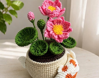 Crochet Koi Fish and Lotus Flower Pot, Feng Shui Zen Desk Decor, Amigurumi Water Lily Bonsai, Spiritual Good Luck Gift for Home R-23052640