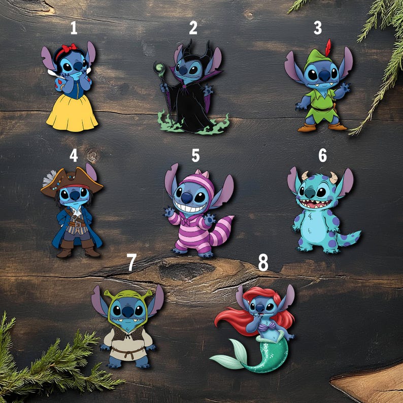 May include: A collection of eight cartoon character cutouts. The characters are Stitch in various costumes, including Snow White, Maleficent, Peter Pan, a pirate, a striped onesie, a monster, Shrek, and Ariel. The cutouts are on a dark wood-grain background.