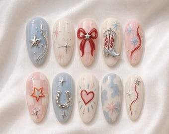 Western Coquette Press on Nails, Y2K Cowboy Star Nail Set, Cute Blue Pink Cowgirl Acrylic Nails, Hand-painted Bow Heart Nails YRD-B4S70N