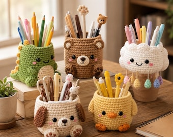 Crochet Pen Holder Cute Amigurumi Pencil Cup Bear Dinosaur Dog Chick Cloud Desk Organizer Kawaii Aesthetic Office Gift R-20052604