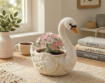 Crochet White Swan Flower Pot, Cute Amigurumi Swan with Cherry Blossom, Pink Sakura Desk Decor, Elegant Housewarming Gift for Her R-23052648