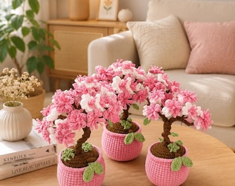 Crochet Cherry Blossom Bonsai Peach Pot, Amigurumi Pink Sakura Tree, Feng Shui Desk Decor, Good Luck Japanese Aesthetic Gift R-23052644