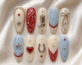 Western Bandana Press on Nails, Cowgirl Y2K Nail, Cowboy Boot Horseshoe Charm Nails, Red White Blue Chic Coquette Acrylic Nails YRD-B4S72N