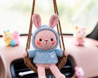 Multiple Crochet Bear Car Charm, Cute Amigurumi Swinging Teddy Bear on Swing, Bear Rear View Mirror Hanging, Whimsical Car Gift R-23052683