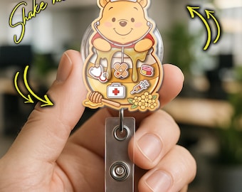 Porta credencial retráctil inspirado en Winnie the Pooh, porta credencial retráctil con forma de oso Pooh, regalo para enfermera G5SP01
