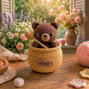 May include: A crocheted brown bear sits in a yellow crocheted honey pot, holding a wooden honey dipper. The honey pot has the word "HONEY" on it. The background includes flowers and a window.