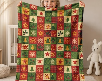 Christmas Patchwork Fleece Blanket | Grandma Chic | Patchwork Quilt Inspired | Green and Red Color Blanket Throw | For Her Gift BZI308