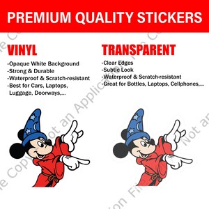 May include: Vinyl and transparent stickers featuring a cartoon mouse in a red robe and blue wizard hat. The text "PREMIUM QUALITY STICKERS" is at the top. Vinyl stickers have an opaque white background, while transparent stickers have clear edges.