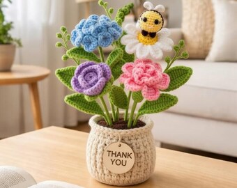 Multiple Crochet Thank You Flower Pot, Handmade Amigurumi Hydrangea and Rose Bouquet, Bee Gift, Gratitude Gift, Floral Desk Decor R-27032608