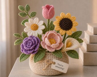 Multiple Handmade Crochet Flower Basket, Desktop Decor, Amigurumi Floral Arrangement, Daisy and Lavender Bouquet, Crochet Flowers R-23052679