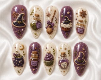Witchy Potions Nail Box, Halloween Press on Nails, Magic Spell Nail Art, Handmade Reusable Gel Nails, Cute Witch Aesthetic Set RRD-4WL61
