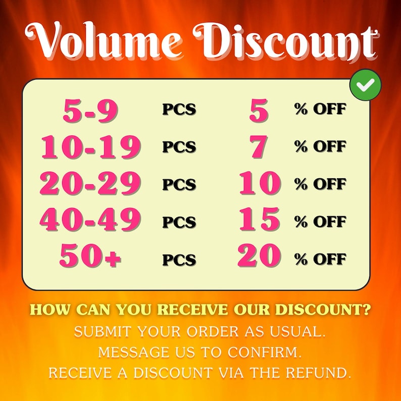Puede incluir: Un gr&aacute;fico promocional con el texto &laquo;&nbsp;Volume Discount&nbsp;&raquo; en la parte superior. El gr&aacute;fico enumera descuentos que van del 5% al 20% seg&uacute;n la cantidad de art&iacute;culos comprados. Tambi&eacute;n se incluyen instrucciones sobre c&oacute;mo recibir el descuento.