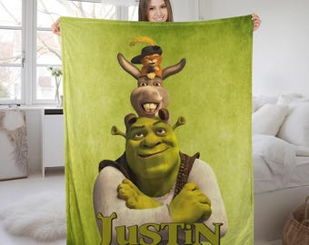 Personalized Shrek Blanket, Fiona Donkey Gingerbread Man Shrek Birthday Boy Birthday Girl, Shrek Family Home Decor, Baby Shower Gift NGUI20