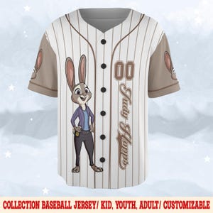 May include: White and brown baseball jersey with vertical pinstripes, featuring a cartoon character and the text "Judy Hopps". The jersey has brown sleeves and the number "00". The bottom of the image reads "COLLECTION BASEBALL JERSEY/ KID, YOUTH, ADULT/ CUSTOMIZABLE".