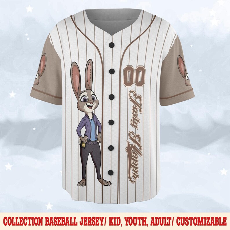 May include: White and brown baseball jersey with vertical pinstripes, featuring a cartoon character and the text "Judy Hopps". The jersey has brown sleeves and the number "00". The bottom of the image reads "COLLECTION BASEBALL JERSEY/ KID, YOUTH, ADULT/ CUSTOMIZABLE".