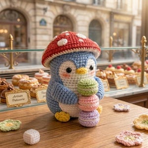 May include: A crocheted penguin doll wearing a red mushroom hat, holding a stack of colorful macarons. The penguin is blue, white, and yellow. The background shows a bakery with pastries and the text "Artisan Patisserie".