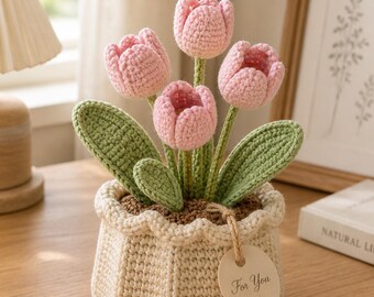 Crochet Pink Tulip Flower Pot Amigurumi Style, Handmade Yarn Flower Decor, Cute Desk Decor Gift for Mom, Minimalist Crochet Plant G4J435