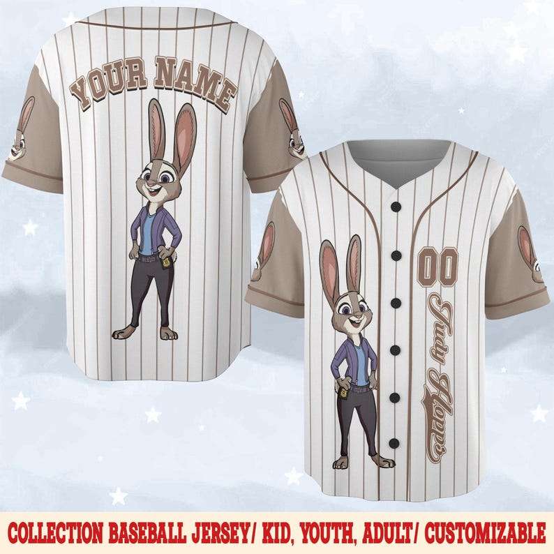 May include: White baseball jersey with brown pinstripes and sleeves. Features a cartoon rabbit character and the text "Judy Hopps" and "00". The back of the jersey says "YOUR NAME".