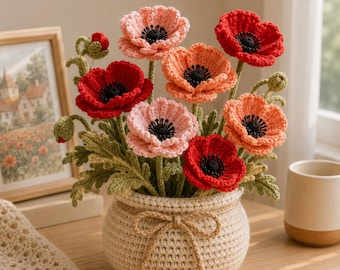 Handmade Crochet Poppy Bouquet, Potted Flower Desk Decor, Rustic Yarn Flowers Gift, Charming Home Decoration, Amigurumi Plant Art RRD-WWL04