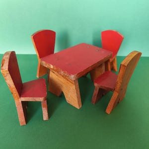Vintage Wooden Collectible Dollhouse Furniture Small Set Table with four Doll Chairs Hand made old Dining Room Toy Set Play corner 70s