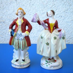 Vintage Maruyama Occupied Japan Porcelain Figurine Hand Painted Victorian Woman and Man Couple Figure Set Collectible Ceramic Statuettes
