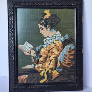 Vintage Needlepoint Tapestry Young Girl Reading Petit Point Completed Framed Canvas Mid Century Grand Millennial Hand Stitched Wall Art