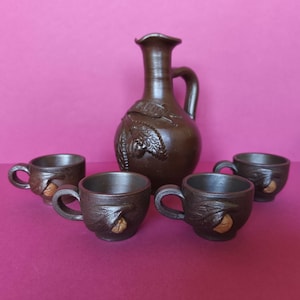 Calvados French Stoneware Sculpted Brandy Jug Vintage Glazed Pitcher Rustic Normandy Brown Carafe set of 4 Matching Mugs Farmhouse Antique