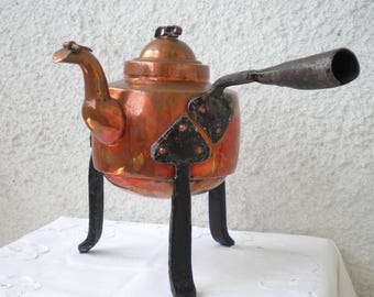 Vintage Scandinavian Copper Kettle with Iron Feet, Rustic Coffeepot, Tripod Teapot, Farmhouse Kitchen Decor