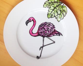 Flamingo and palm leaves hand painted plate