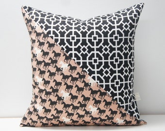 SALE — Patchwork Pillow Cover, 20x20, black and white with horses