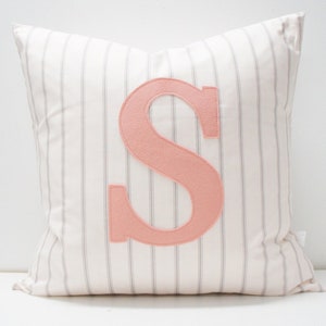 Monogrammed Pillow Cover – Grey Stripe, Pink Felt Letter