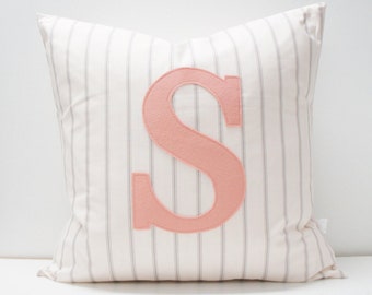 Pillow Cover - custom/personalized monogrammed pillow cover - grey stripe pink S - letter available